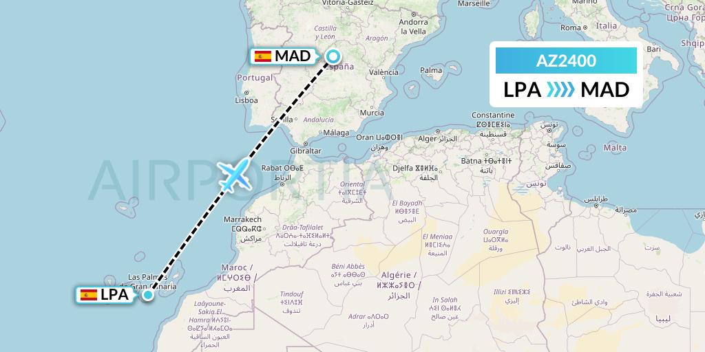 AZ2400 ITA Airways Flight Map: Las Palmas to Madrid