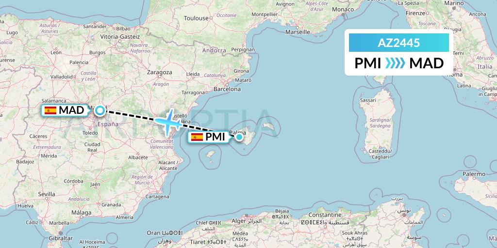 AZ2445 ITA Airways Flight Map: Palma de Mallorca to Madrid