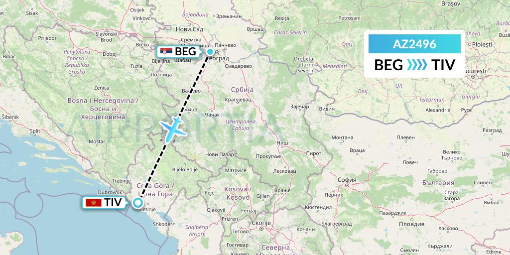 AZ2496 ITA Airways Flight Map: Belgrade to Tivat