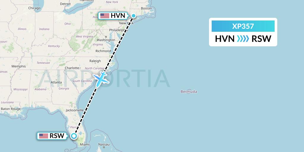 XP357 Avelo Airlines Flight Map: New Haven to Fort Myers