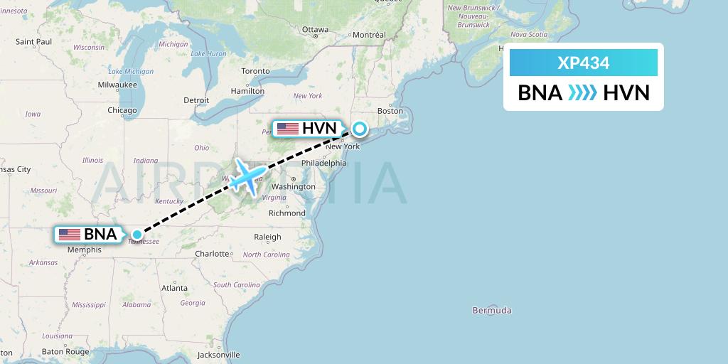 XP434 Avelo Airlines Flight Map: Nashville to New Haven