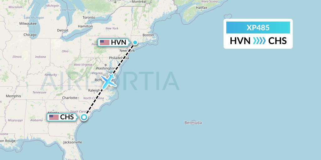 XP485 Avelo Airlines Flight Map: New Haven to Charleston