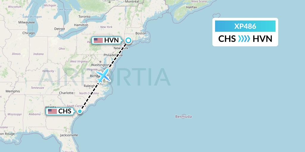 XP486 Avelo Airlines Flight Map: Charleston to New Haven