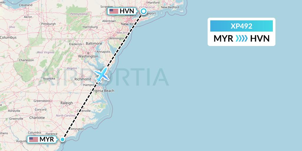 XP492 Avelo Airlines Flight Map: Myrtle Beach to New Haven