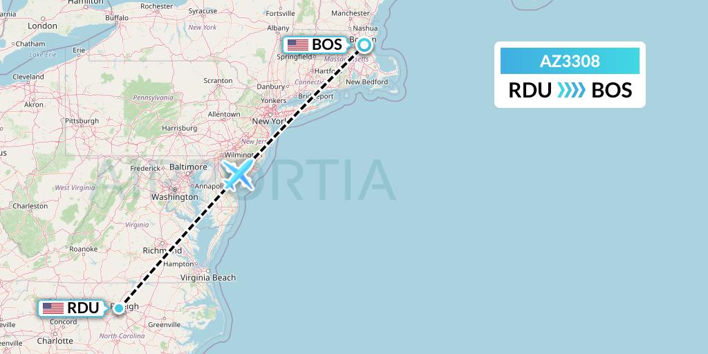 AZ3308 ITA Airways Flight Map: Raleigh-Durham to Boston
