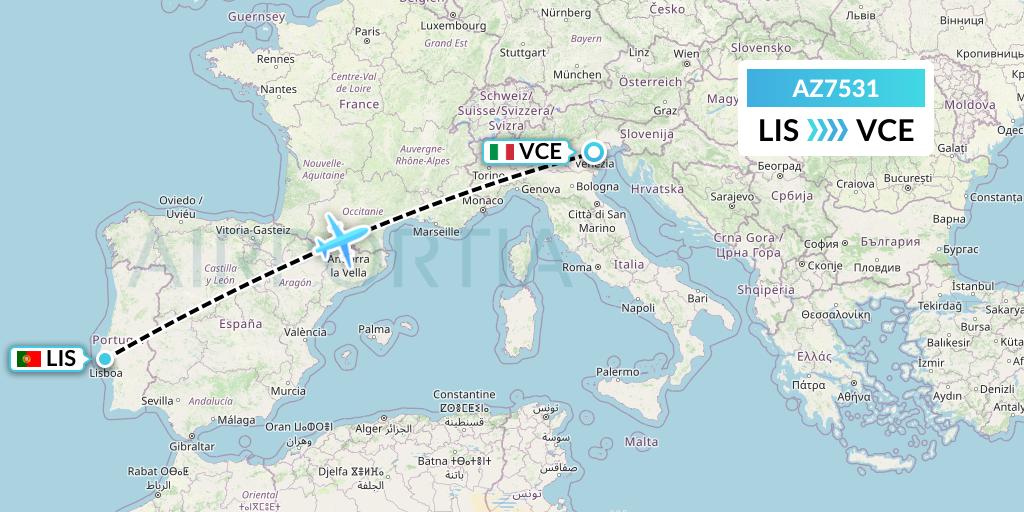 AZ7531 ITA Airways Flight Map: Lisbon to Venice