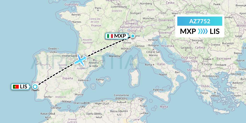 AZ7752 ITA Airways Flight Map: Milan to Lisbon