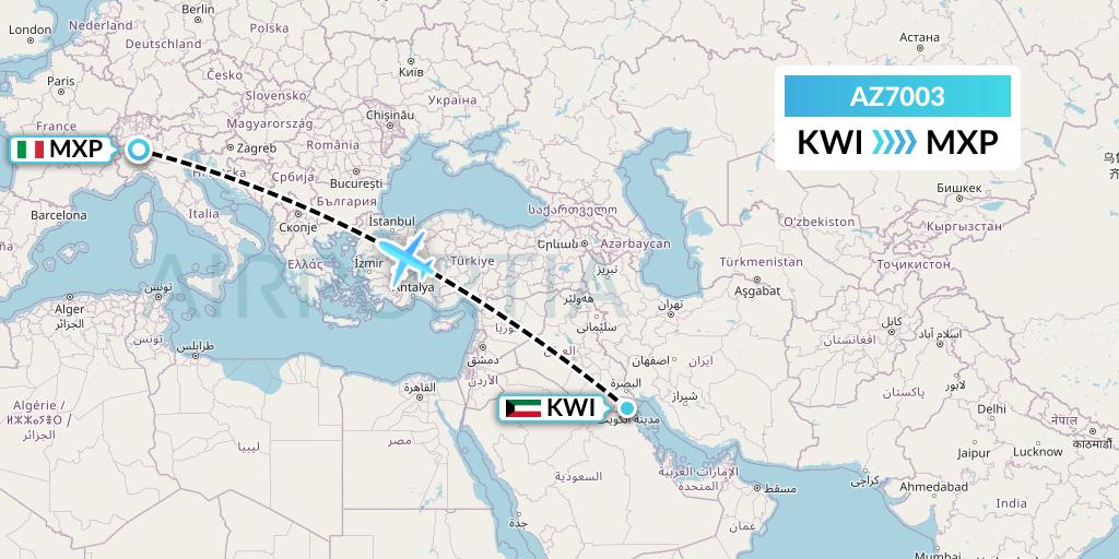 AZ7003 ITA Airways Flight Map: Kuwait City to Milan