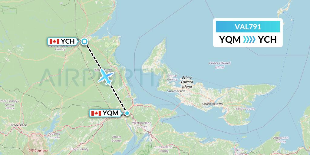 VAL791 Voyageur Airlines Flight Map: Moncton to Miramichi