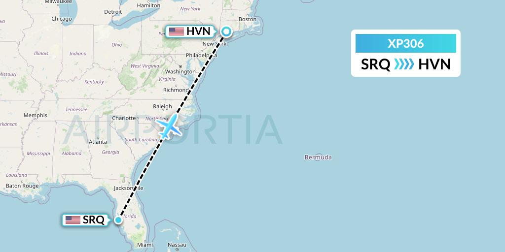 XP306 Avelo Airlines Flight Map: Sarasota to New Haven