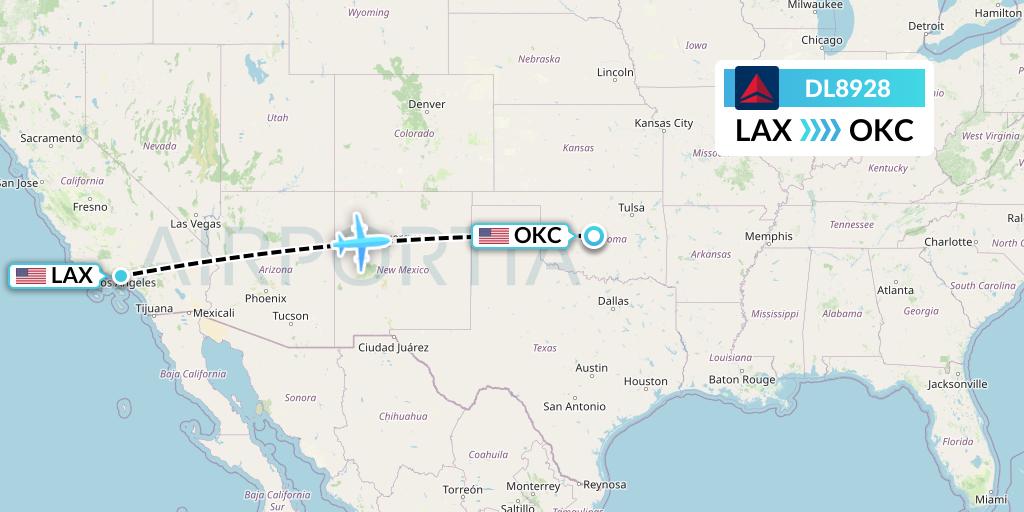 DL8928 Delta Air Lines Flight Map: Los Angeles to Oklahoma City