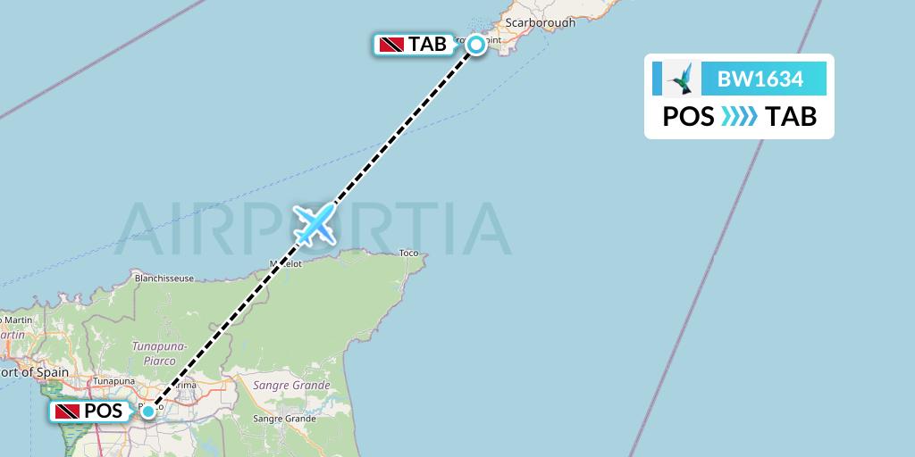 BW1634 Caribbean Airlines Flight Map: Port of Spain to Scarborough