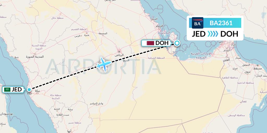 BA2361 British Airways Flight Map: Jeddah to Doha