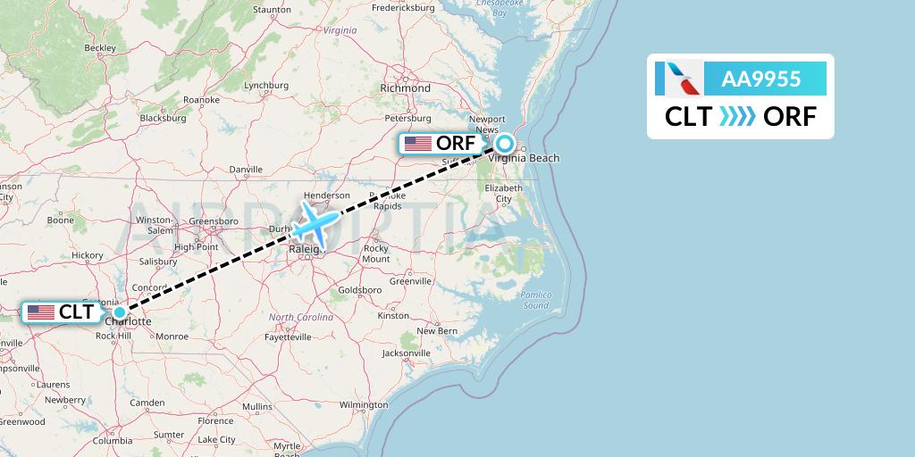 AA9955 American Airlines Flight Map: Charlotte to Norfolk