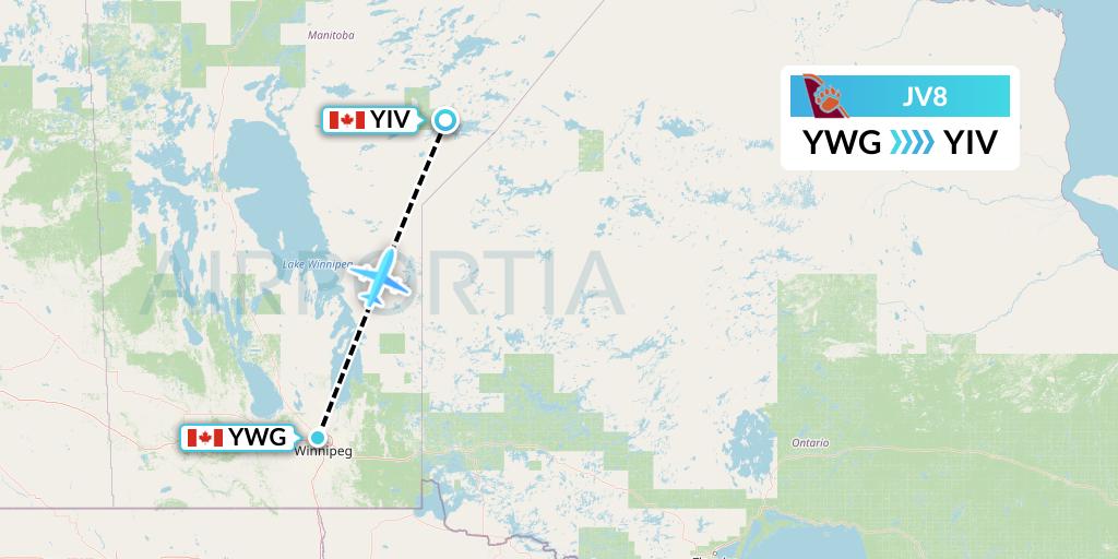 JV8 Bearskin Airlines Flight Map: Winnipeg to Island Lake