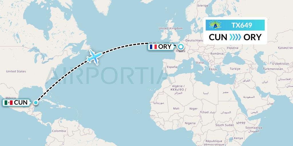TX649 Air Caraibes Flight Map: Cancun to Paris