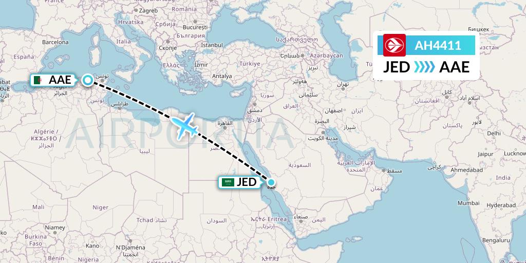 AH4411 Air Algerie Flight Map: Jeddah to Annaba