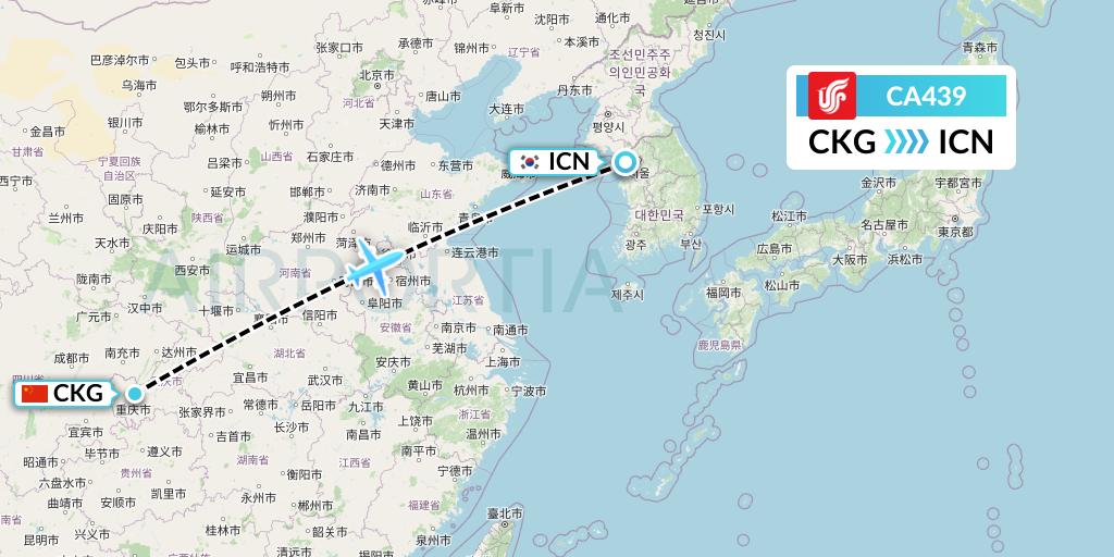CA439 Air China Flight Map: Chongqing to Seoul