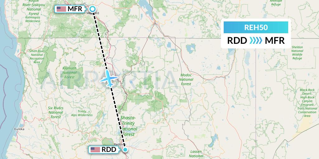 REH50 Reach Air Medical Services Flight Map: Redding to Medford