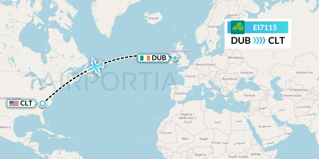 EI7115 Aer Lingus Flight Map: Dublin to Charlotte