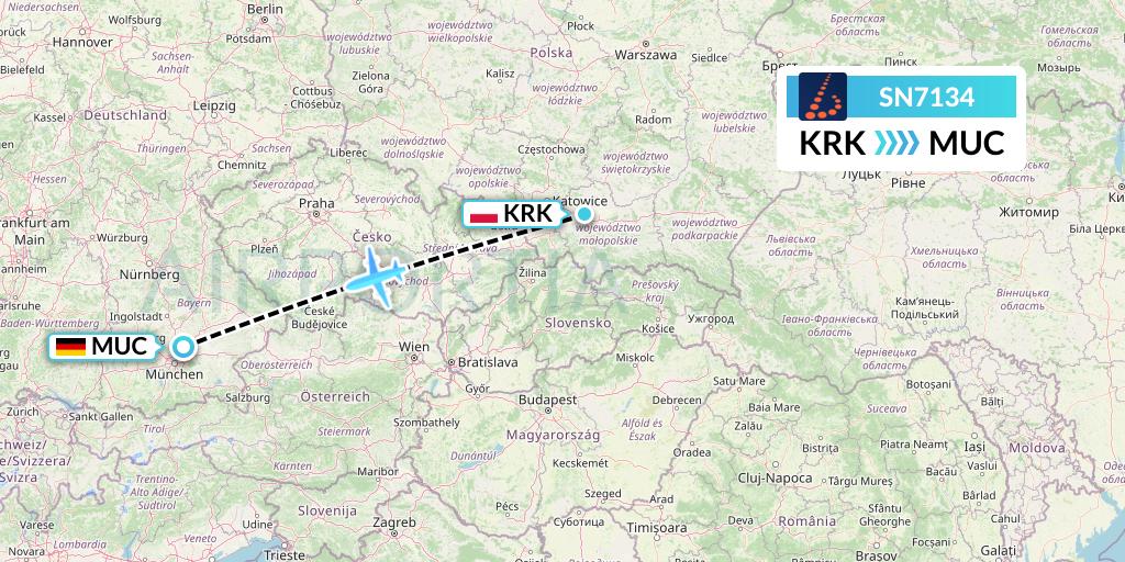 SN7134 Brussels Airlines Flight Map: Krakow to Munich