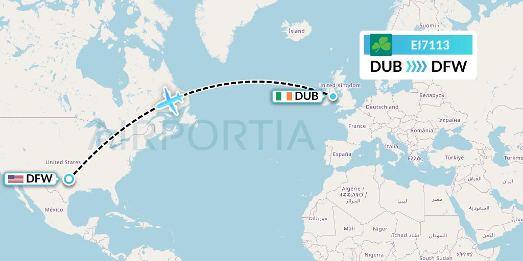 EI7113 Aer Lingus Flight Map: Dublin to Dallas