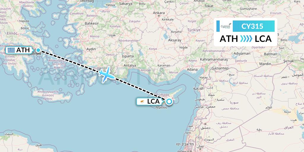 CY315 Cyprus Airways Flight Map: Athens to Larnaca