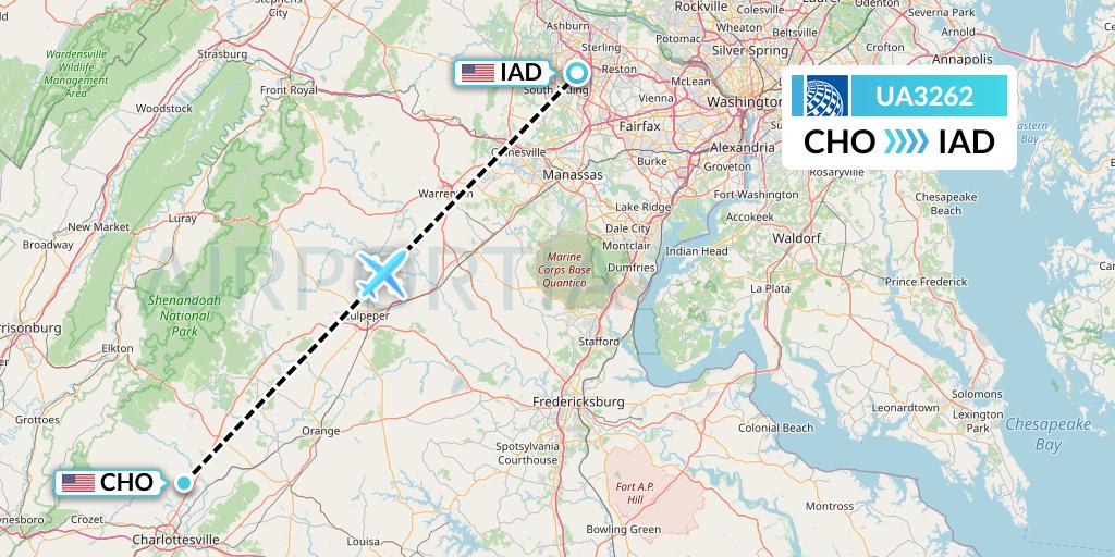 UA3262 United Airlines Flight Map: Charlottesville to Washington