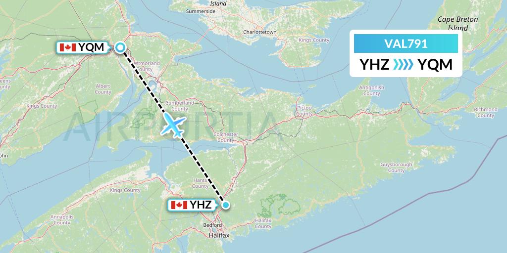 VAL791 Voyageur Airlines Flight Map: Halifax to Moncton
