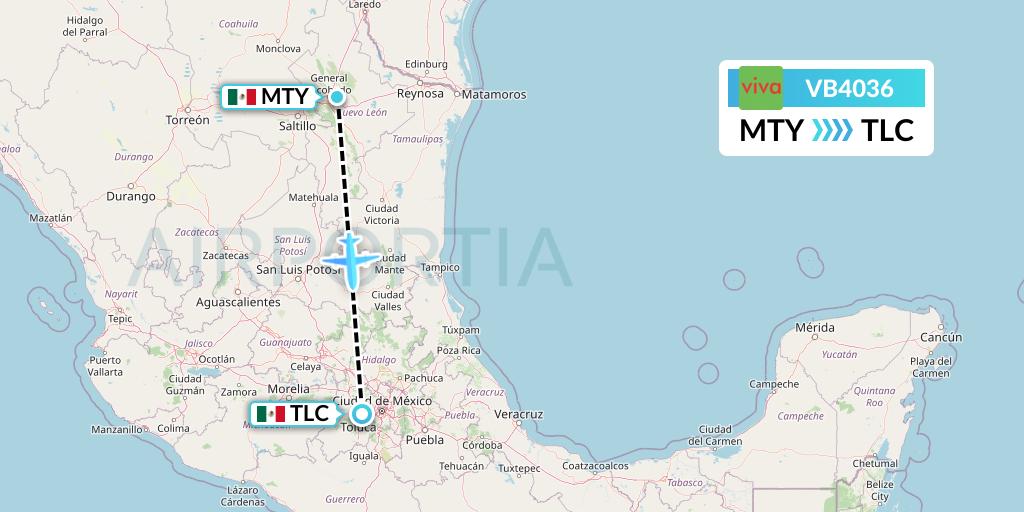 VB4036 VivaAerobus Flight Map: Monterrey to Mexico City