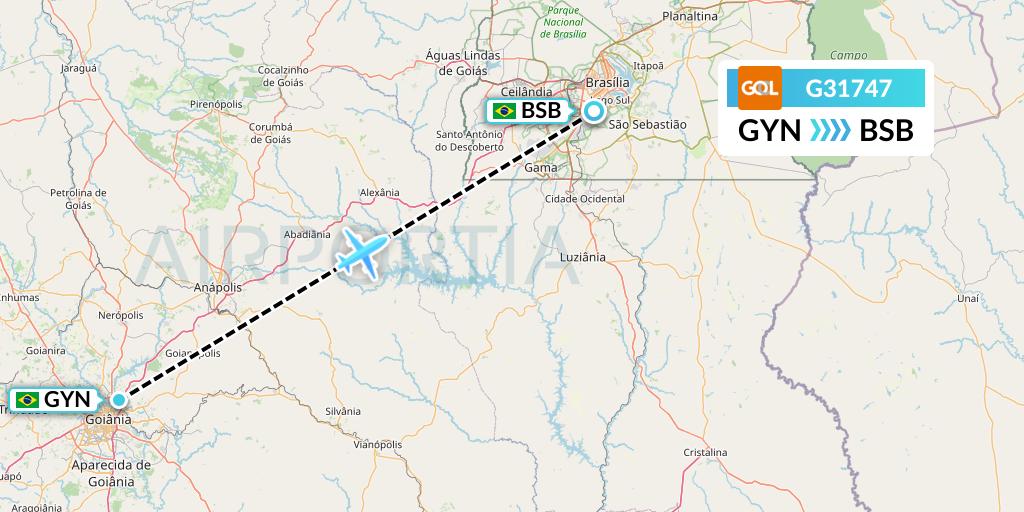 G31747 GOL Transportes Aeros Flight Map: Goiania to Brasilia