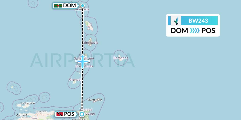 BW243 Caribbean Airlines Flight Map: Dominica to Port of Spain