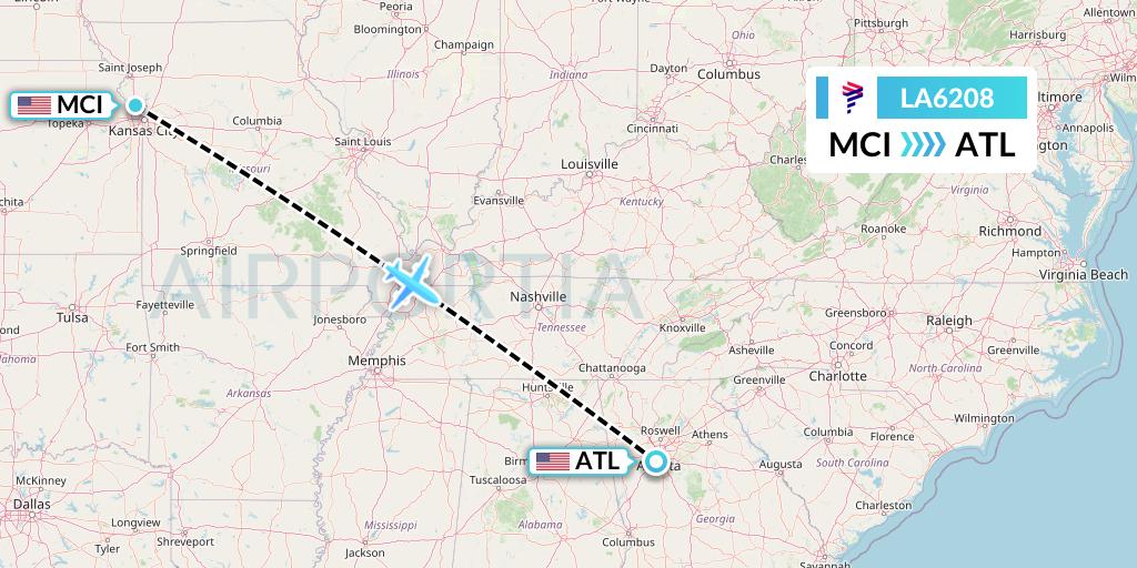 LA6208 LAN Airlines Flight Map: Kansas City to Atlanta