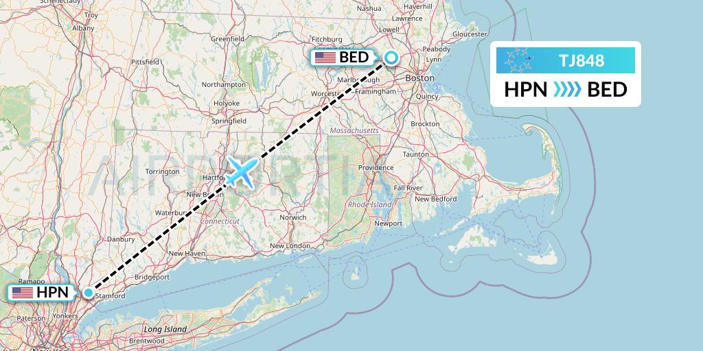 TJ848 Tradewind Aviation Flight Map: White Plains to Bedford