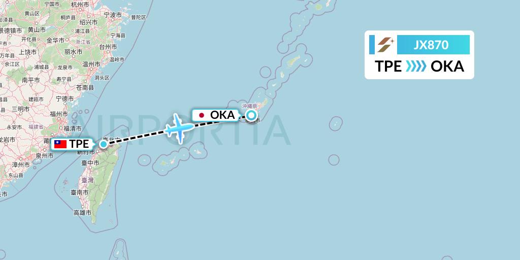 JX870 Starlux Airlines Flight Map: Taipei to Naha