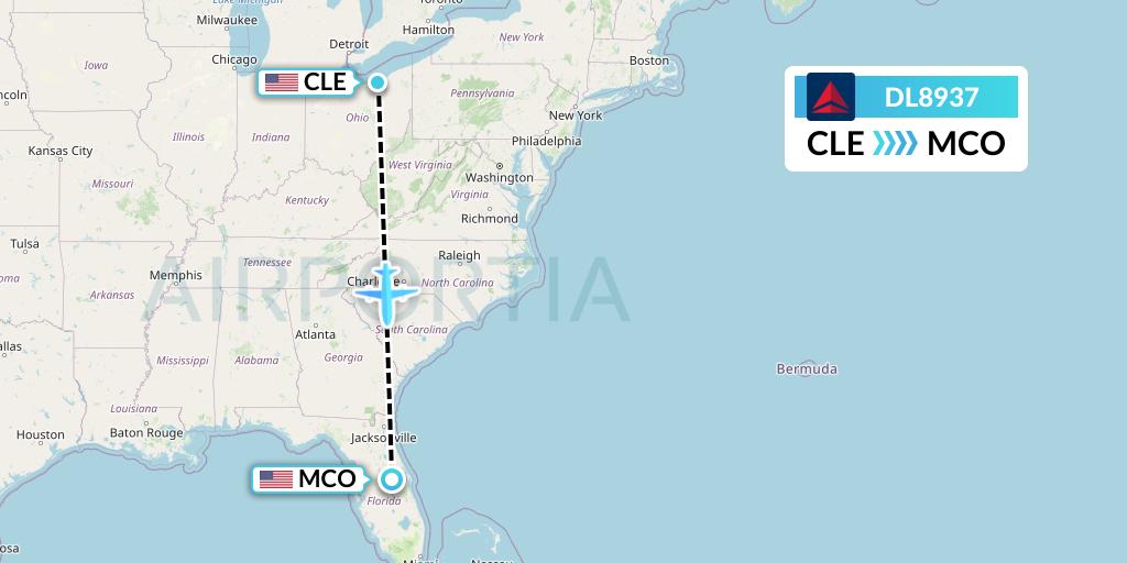DL8937 Delta Air Lines Flight Map: Cleveland to Orlando