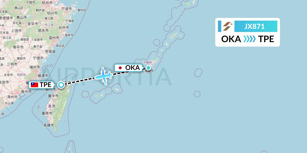JX871 Starlux Airlines Flight Map: Naha to Taipei