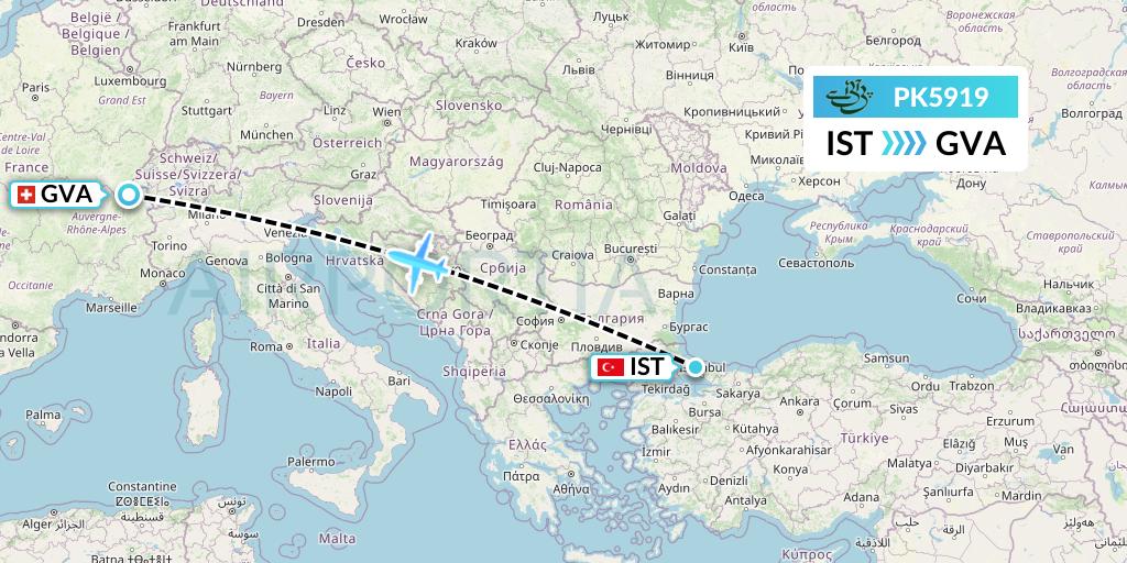 PK5919 Pakistan International Airlines Flight Map: Istanbul to Geneva