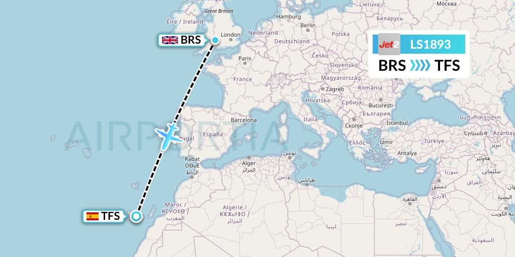 LS1893 Jet2 Flight Map: Bristol to Tenerife