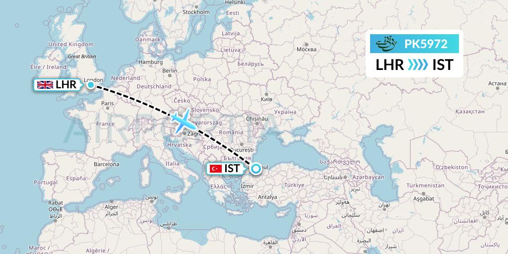 PK5972 Pakistan International Airlines Flight Map: London to Istanbul