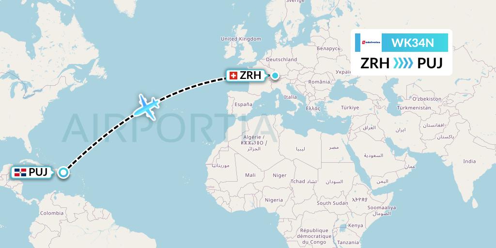 WK34N Edelweiss Air Flight Map: Zurich to Punta Cana