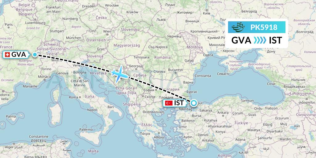 PK5918 Pakistan International Airlines Flight Map: Geneva to Istanbul