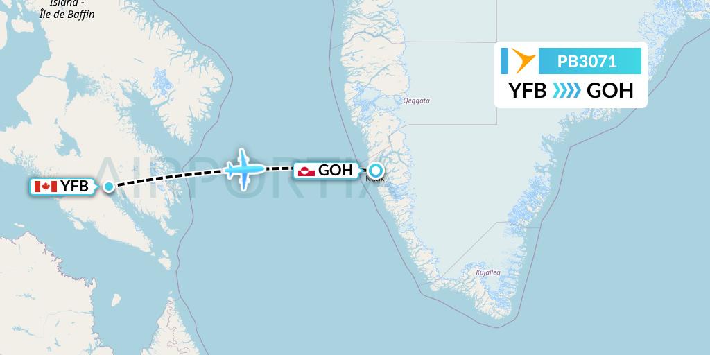 PB3071 PAL Airlines Flight Map: Iqaluit to Nuuk