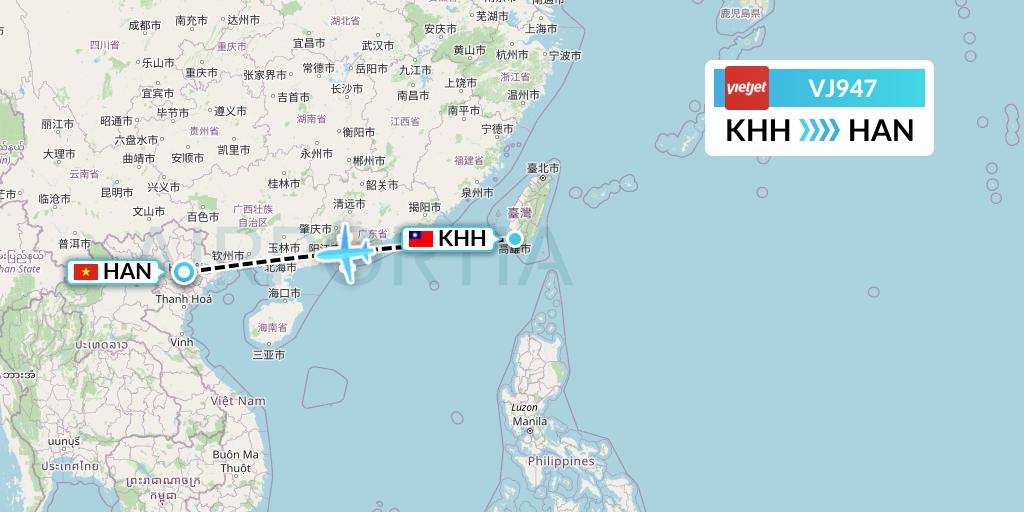 VJ947 VietJet Air Flight Map: Kaohsiung to Hanoi