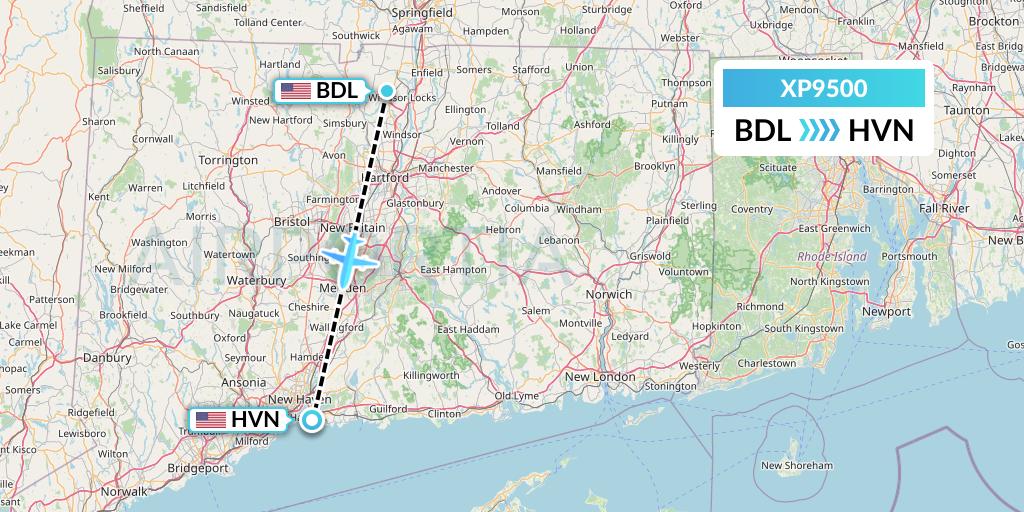 XP9500 Avelo Airlines Flight Map: Windsor Locks to New Haven