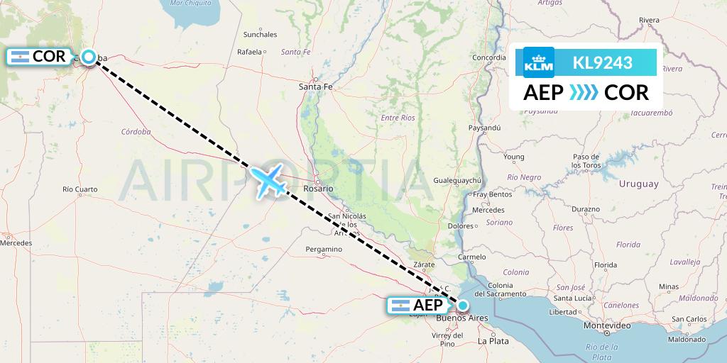 KL9243 KLM Flight Map: Buenos Aires to Cordoba