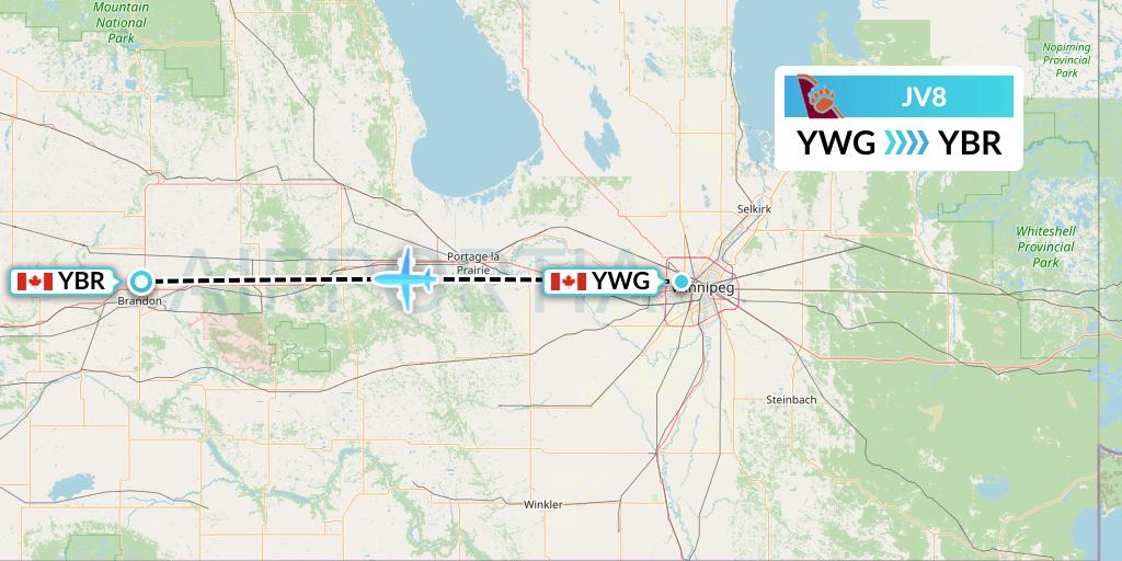 JV8 Bearskin Airlines Flight Map: Winnipeg to Brandon