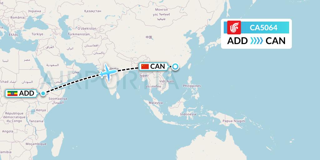 CA5064 Air China Flight Map: Addis Ababa to Guangzhou