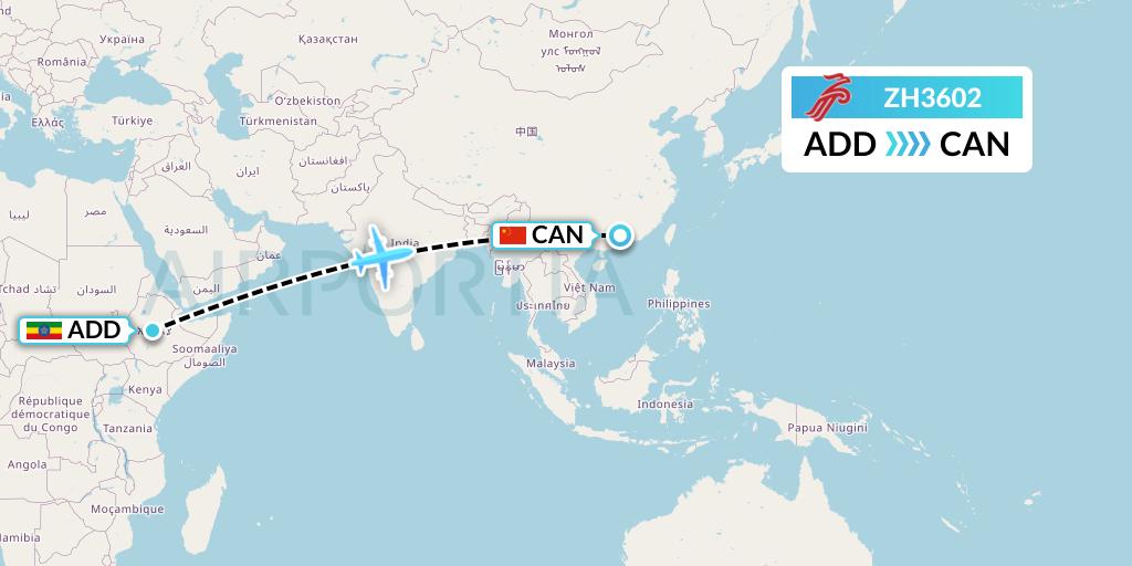 ZH3602 Shenzhen Airlines Flight Map: Addis Ababa to Guangzhou