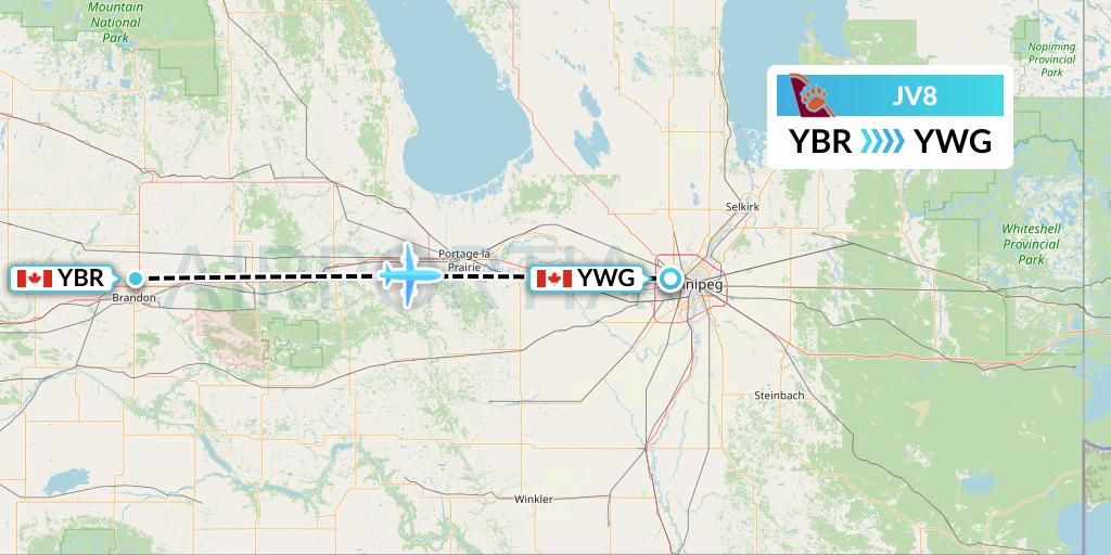 JV8 Bearskin Airlines Flight Map: Brandon to Winnipeg